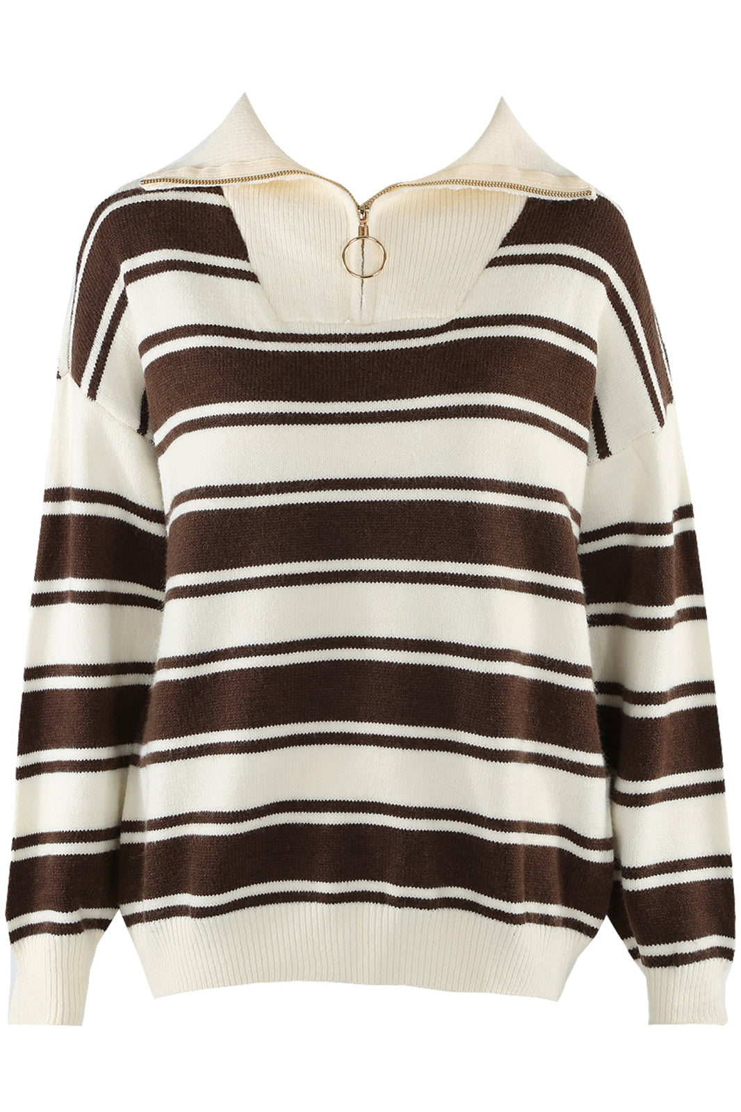 Womens Brown & Cream Double Stripe Quarter Zip Jumper