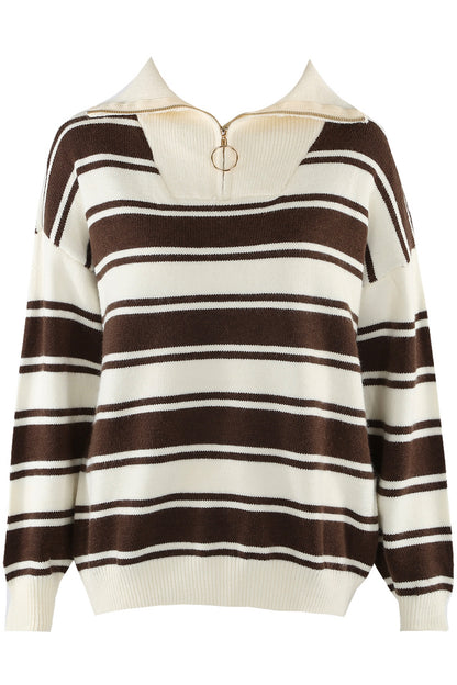 Womens Brown & Cream Double Stripe Quarter Zip Jumper