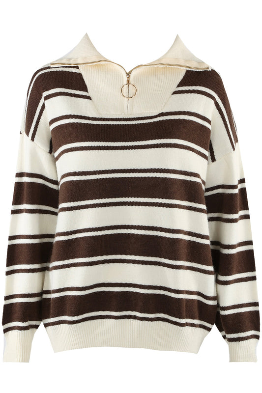 Womens Brown & Cream Double Stripe Quarter Zip Jumper