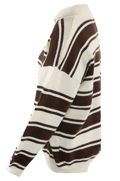 Womens Brown & Cream Double Stripe Quarter Zip Jumper