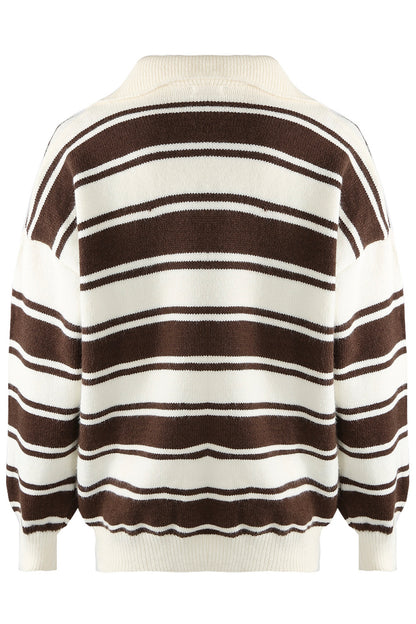 Womens Brown & Cream Double Stripe Quarter Zip Jumper