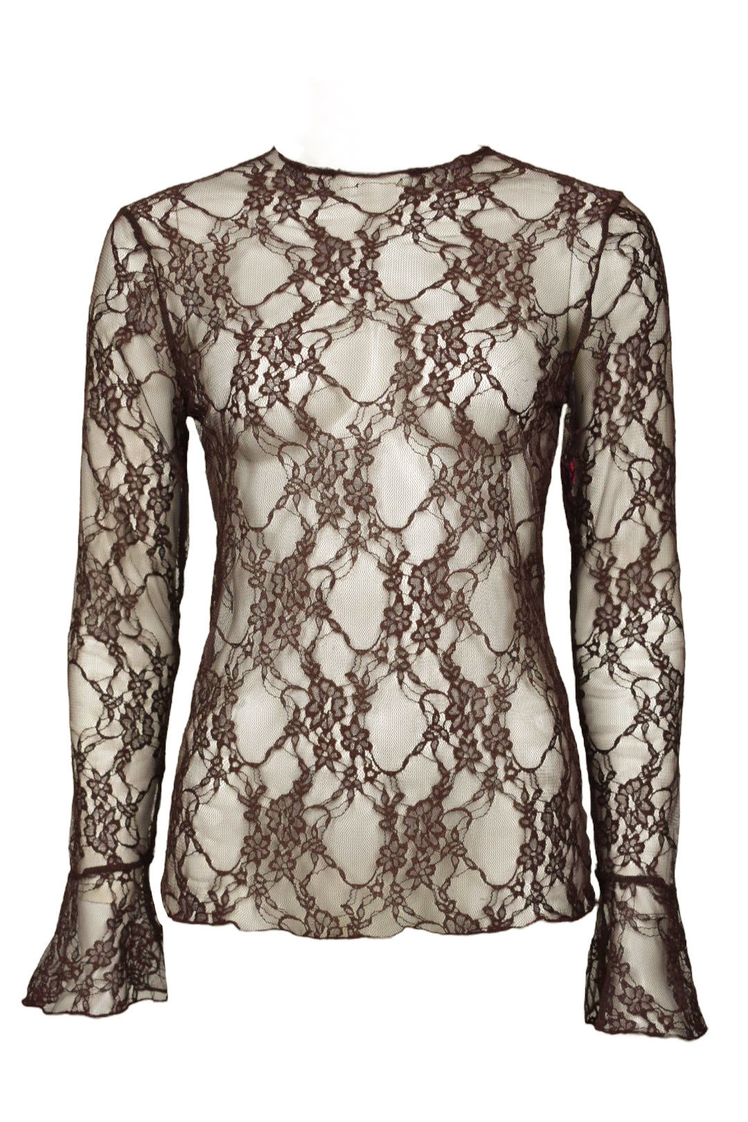 Womens Brown Floral Lace Flared Sleeved Top 