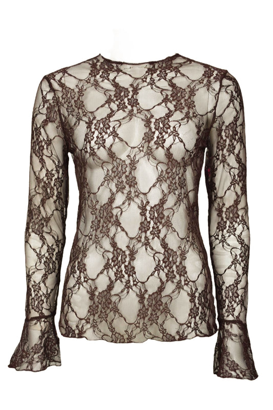 Womens Brown Floral Lace Flared Sleeved Top 