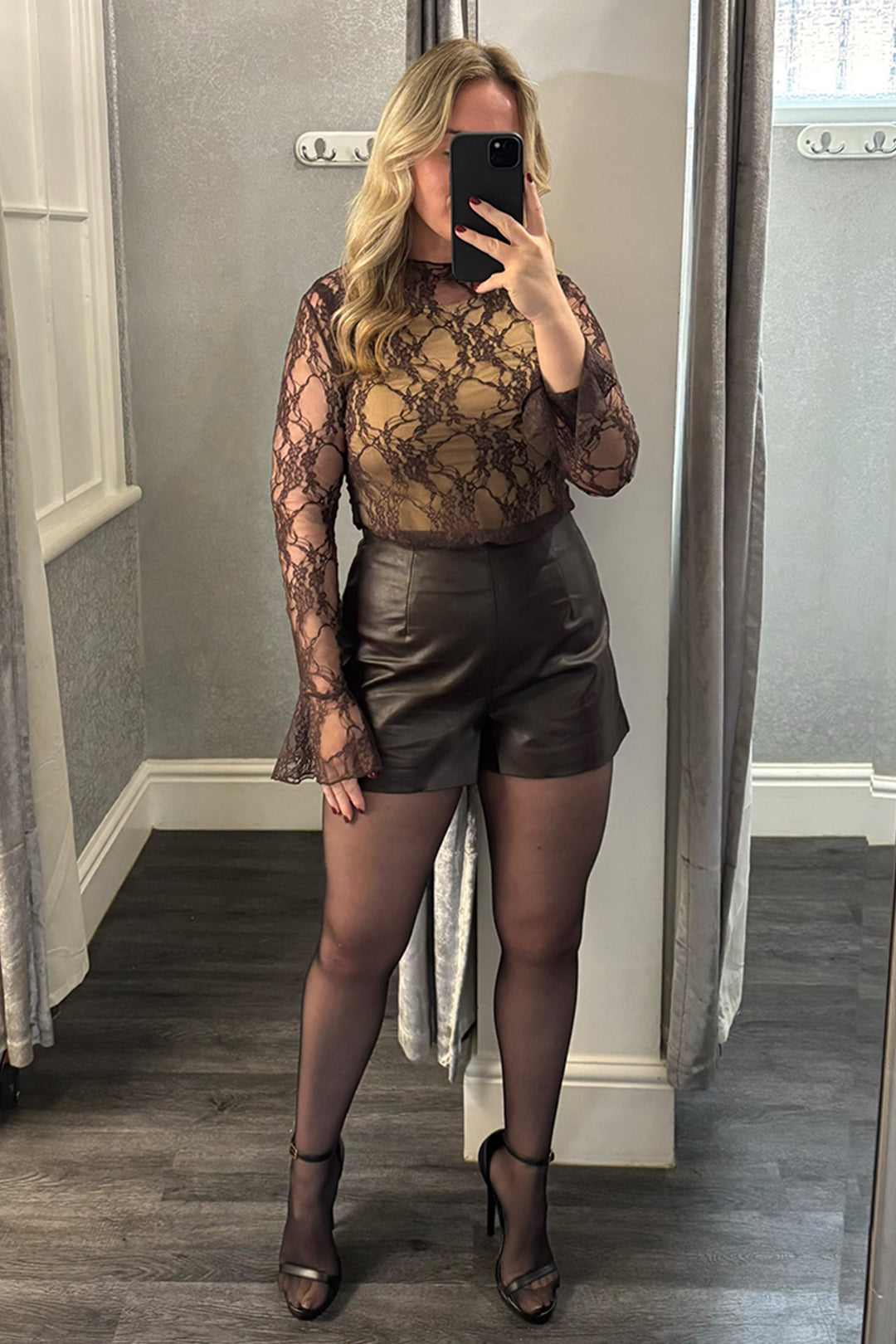 Womens Brown Floral Lace Flared Sleeved Top 