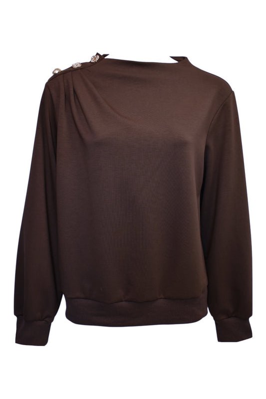Womens_Brown_Gold_Button_Gathered_Shoulder_Sweatshirt