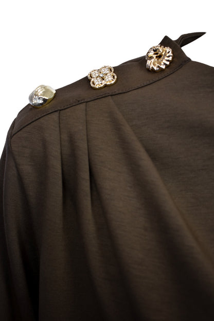 Brown Gold Button Gathered Shoulder Sweatshirt