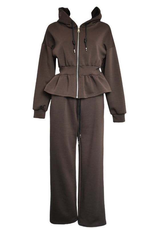 Brown Peplum Jacket & Wide Leg Trousers Loungesuits