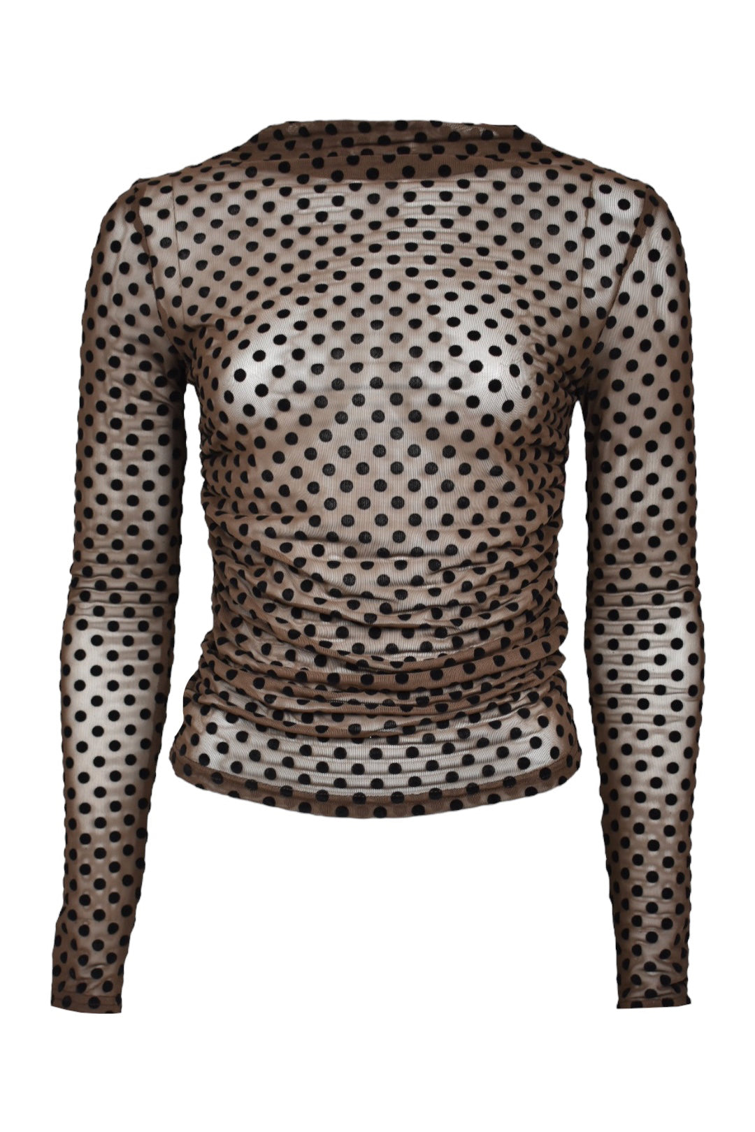 Womens Brown Polka Dot Ruched Sheer Top