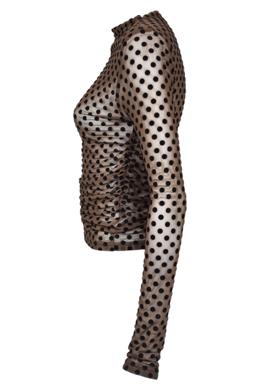 Womens Brown Polka Dot Ruched Sheer Top