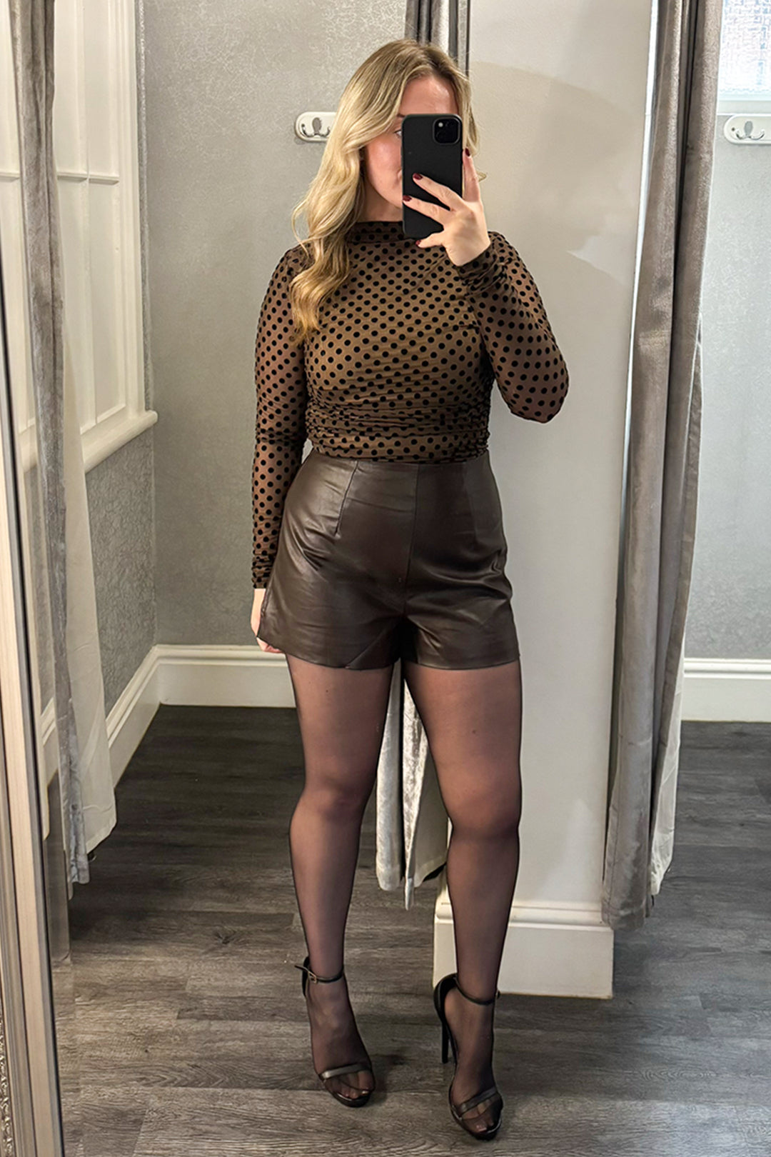 Womens Brown Polka Dot Ruched Sheer Top