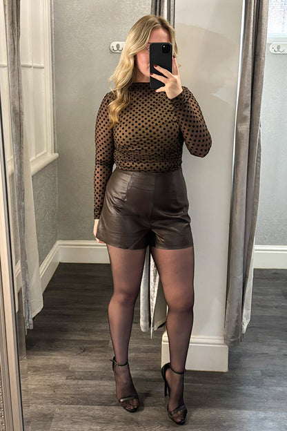 Womens Brown Polka Dot Ruched Sheer Top