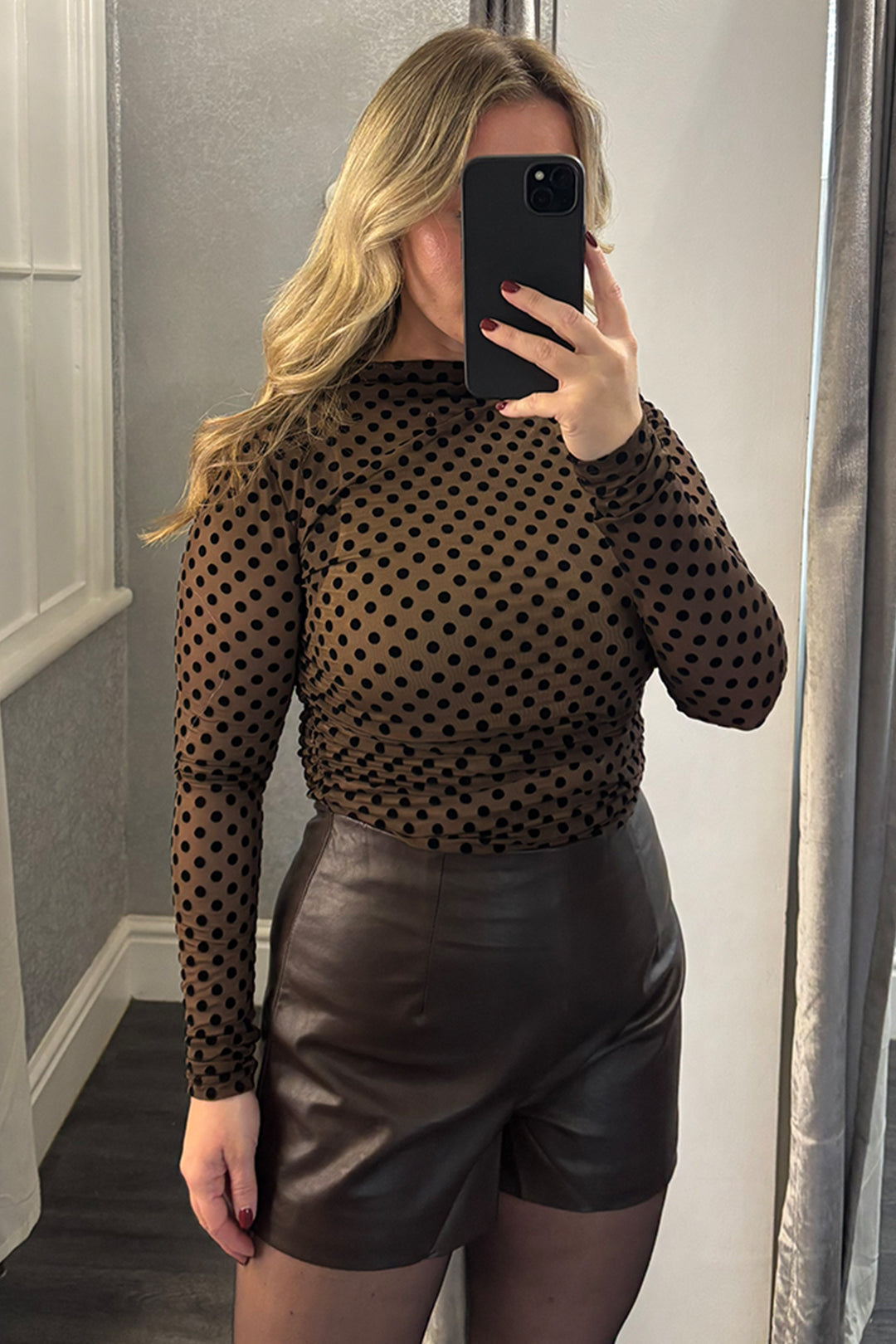 Womens Brown Polka Dot Ruched Sheer Top