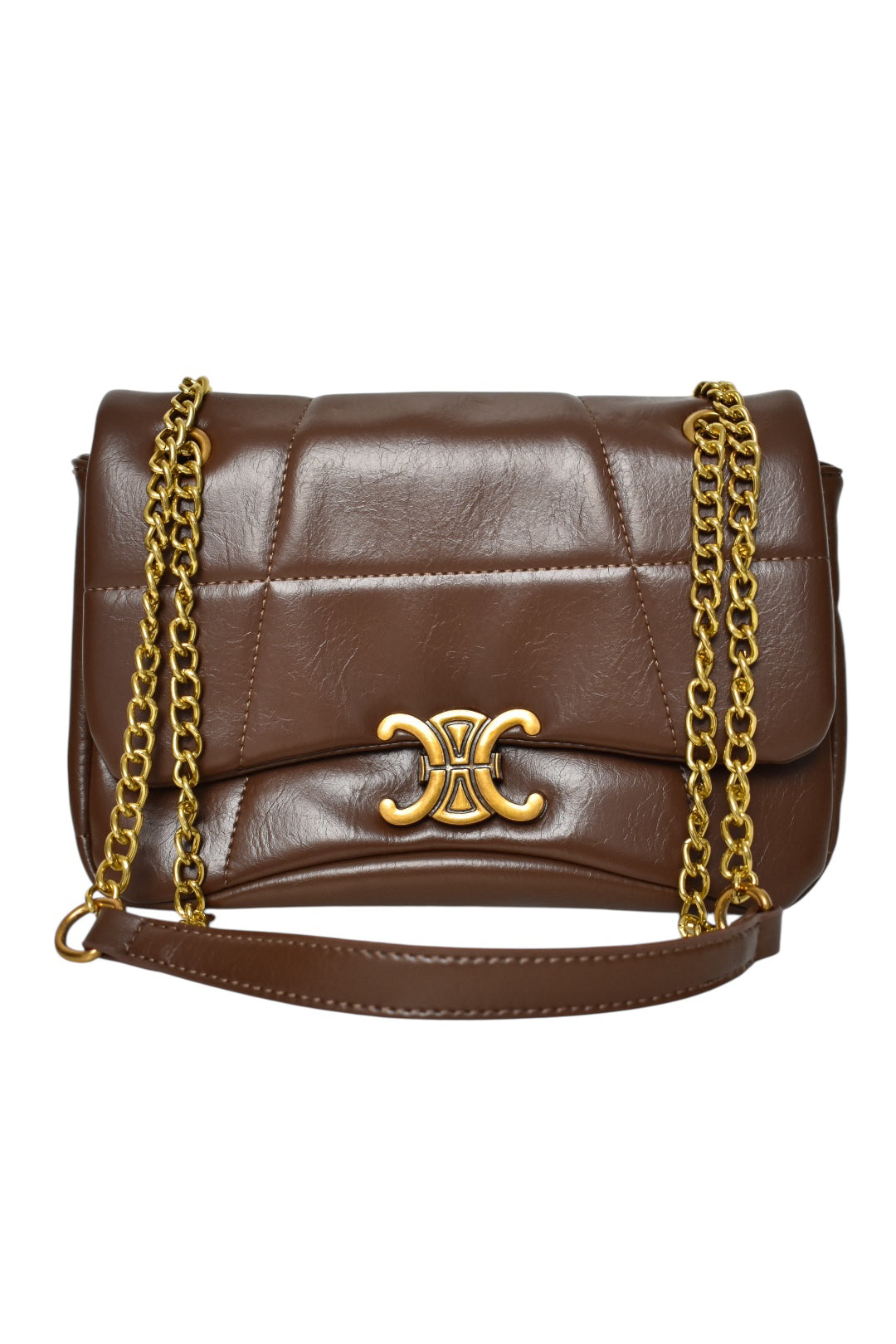 Brown Quilted Gold Buckle Cross Body Bag