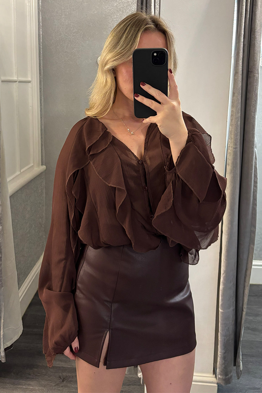 Womens Brown Ruffled Sheer Blouse