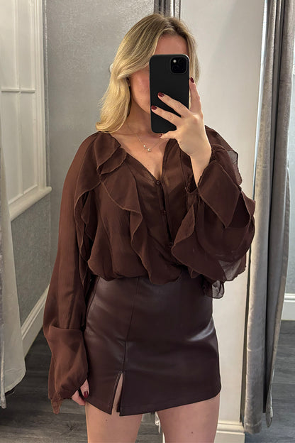 Womens Brown Ruffled Sheer Blouse