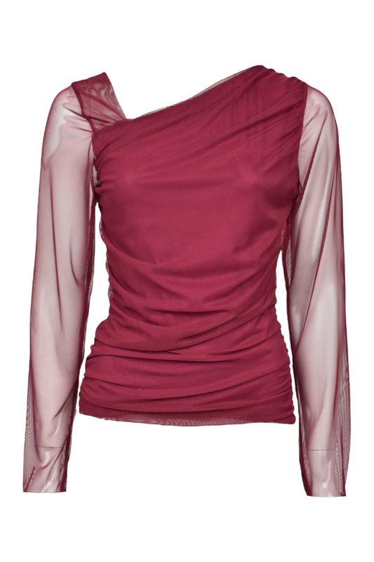 Burgundy Asymmetric Neck Ruched Sheer Top