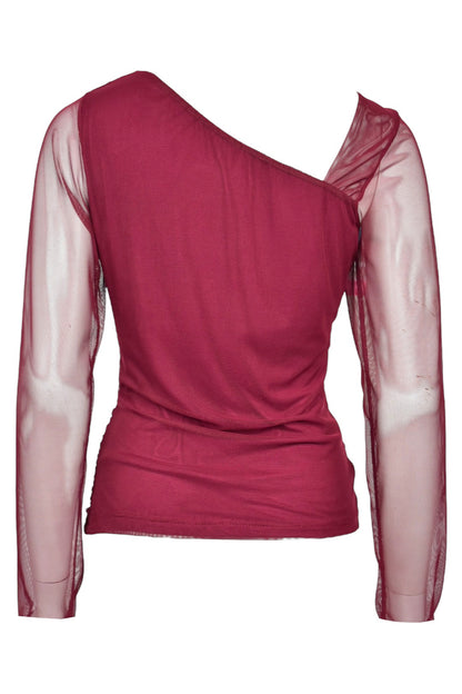 Burgundy Asymmetric Neck Ruched Sheer Top
