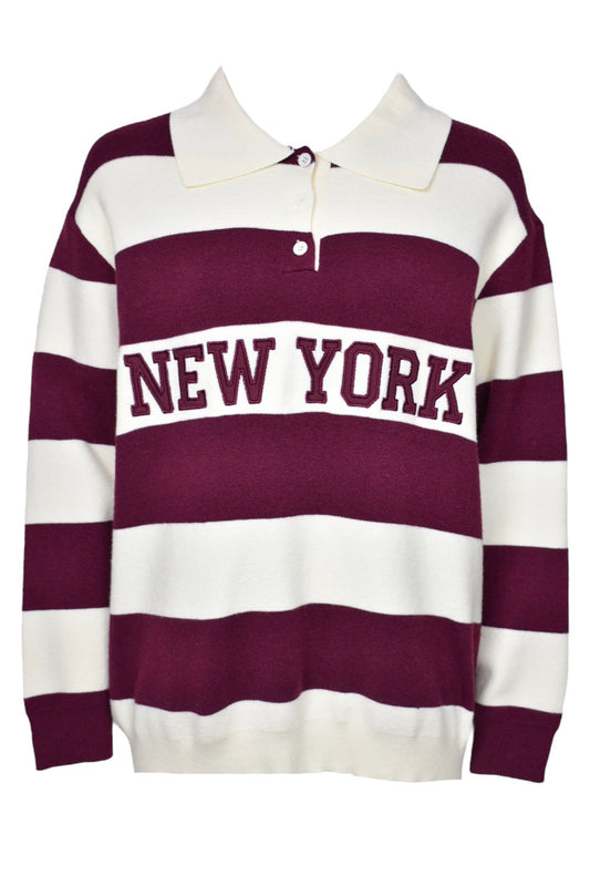 Womens Burgundy & Cream NEW YORK Striped Collared Jumper