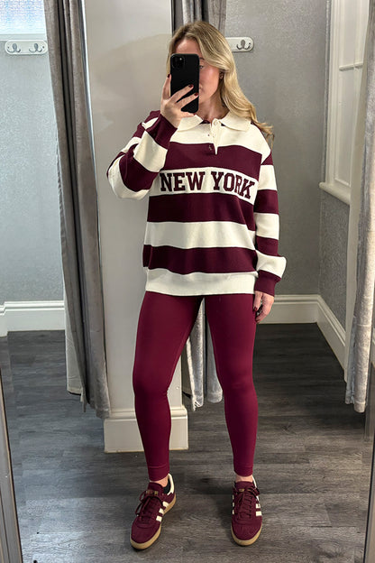Womens Burgundy & Cream NEW YORK Striped Collared Jumper