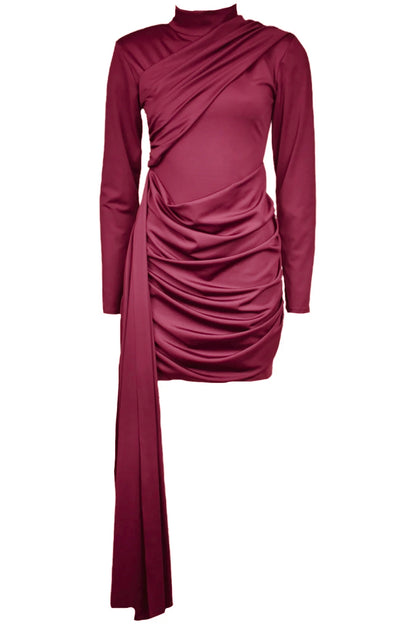 Womens Burgundy Drape & Sash Dress