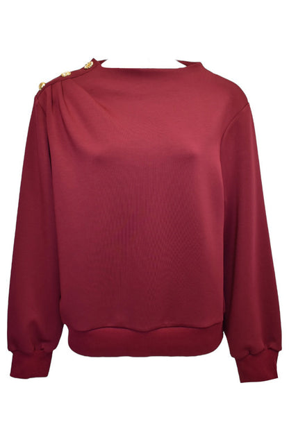 Burgundy Gold Button Gathered Shoulder Sweatshirt