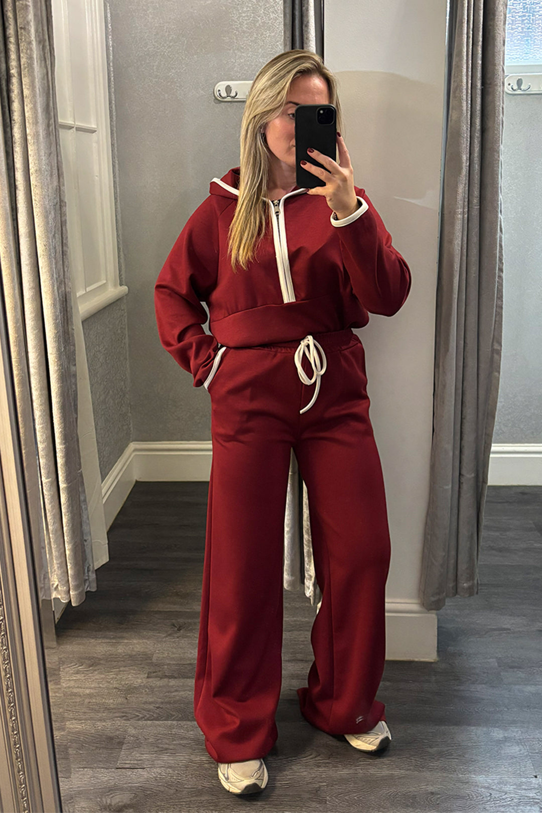 Womens Burgundy Hooded Half Zip Wide Leg Loungesuit
