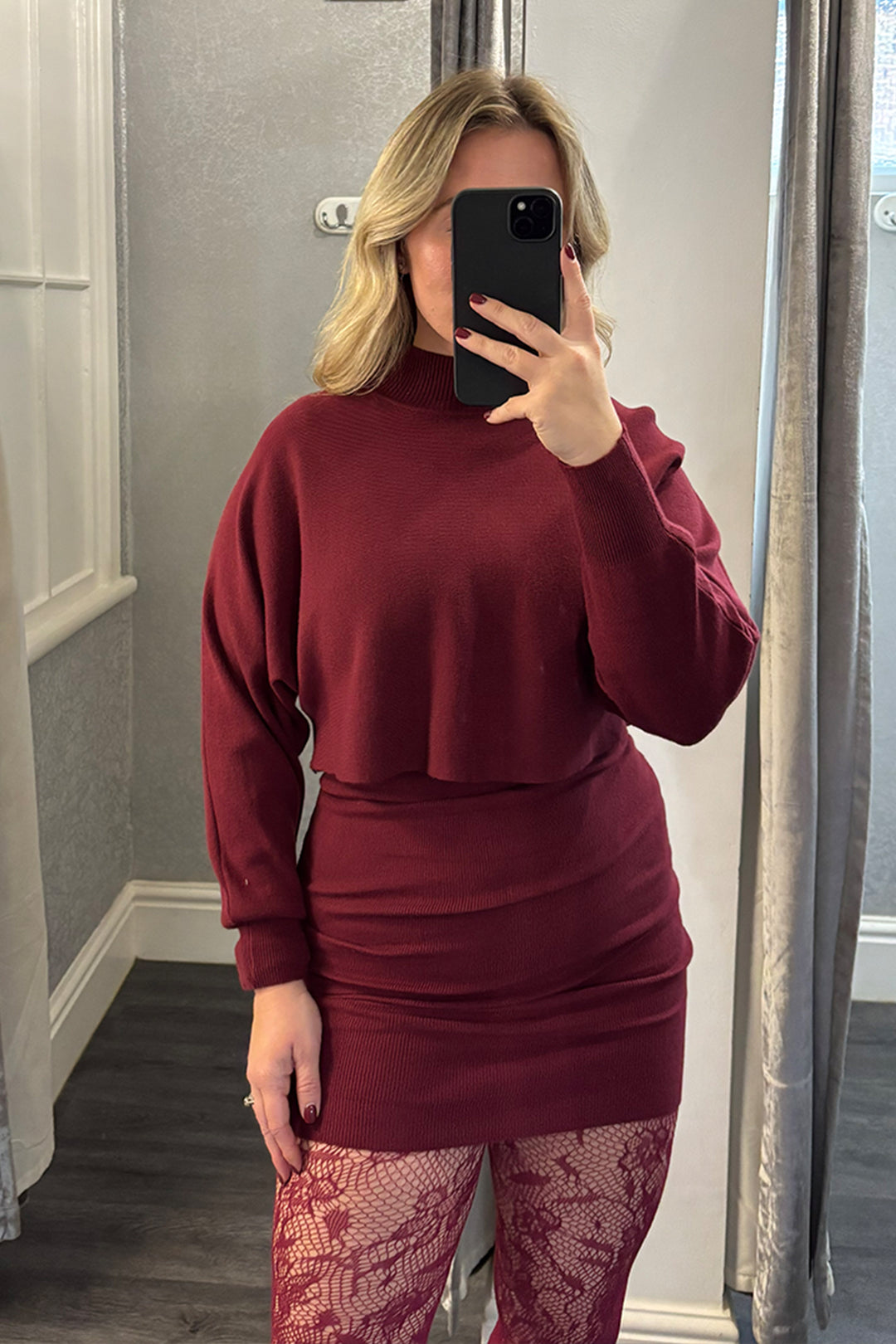 Womens Burgundy Knitted Jumper & Dress Co-ord 