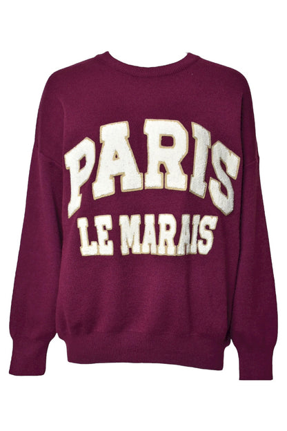 Maroon sweatshirt with 'PARIS LE MARAIS' text on a white background