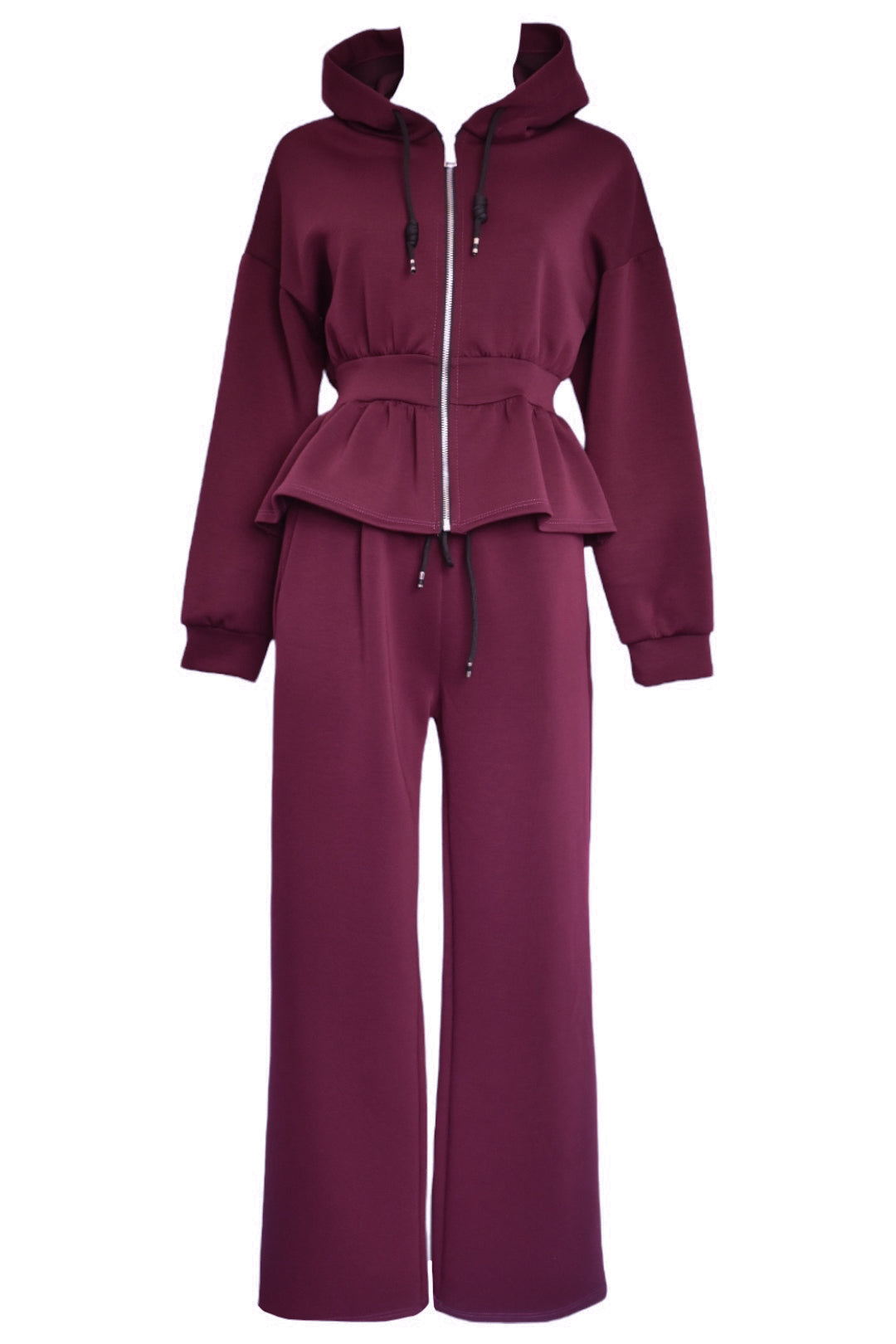 Burgundy Peplum Jacket Wide Leg Trouser Loungesuit