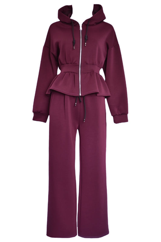 Burgundy Peplum Jacket Wide Leg Trouser Loungesuit