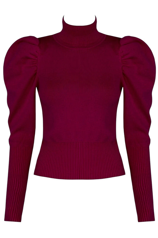 Burgundy Roll Neck Puff Sleeve Jumper