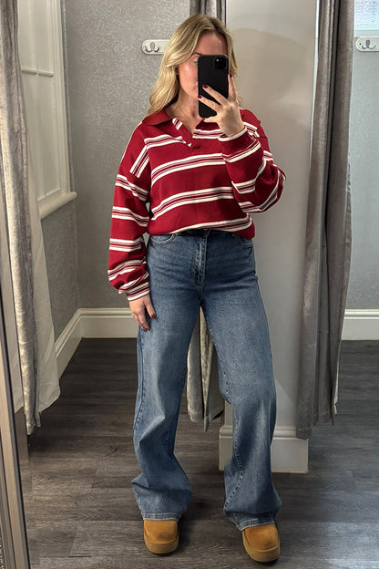 Womens Burgundy Striped Rugby Top