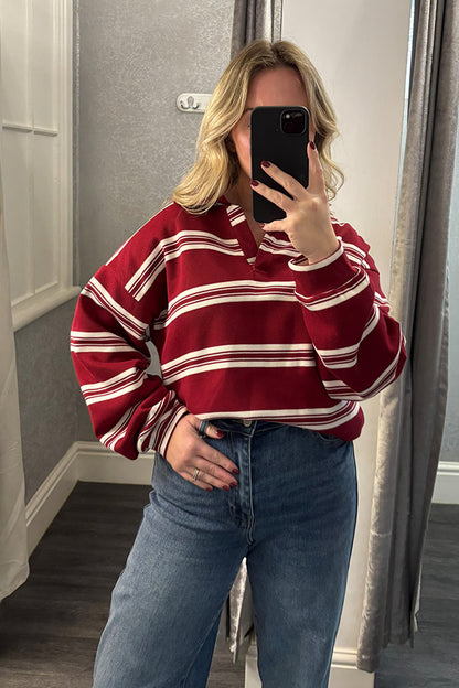 Womens Burgundy Striped Rugby Top