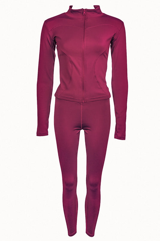 Womens Burgundy Zip Up Jacket & Leggings Active Set