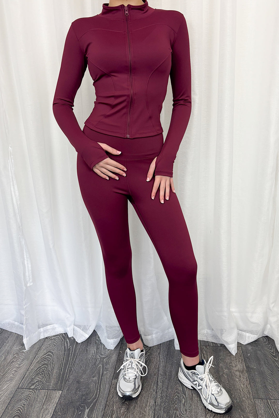 Womens Burgundy Zip Up Jacket & Leggings Active Set