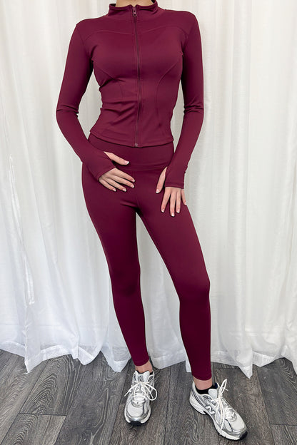 Womens Burgundy Zip Up Jacket & Leggings Active Set