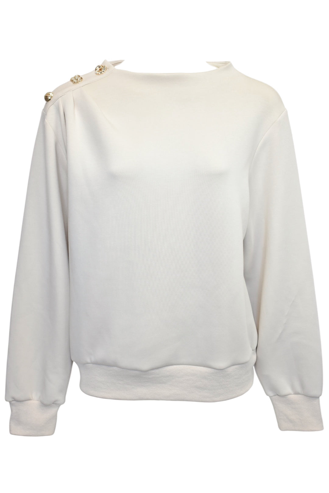 Cream Gold Button Gathered Shoulder Sweatshirt
