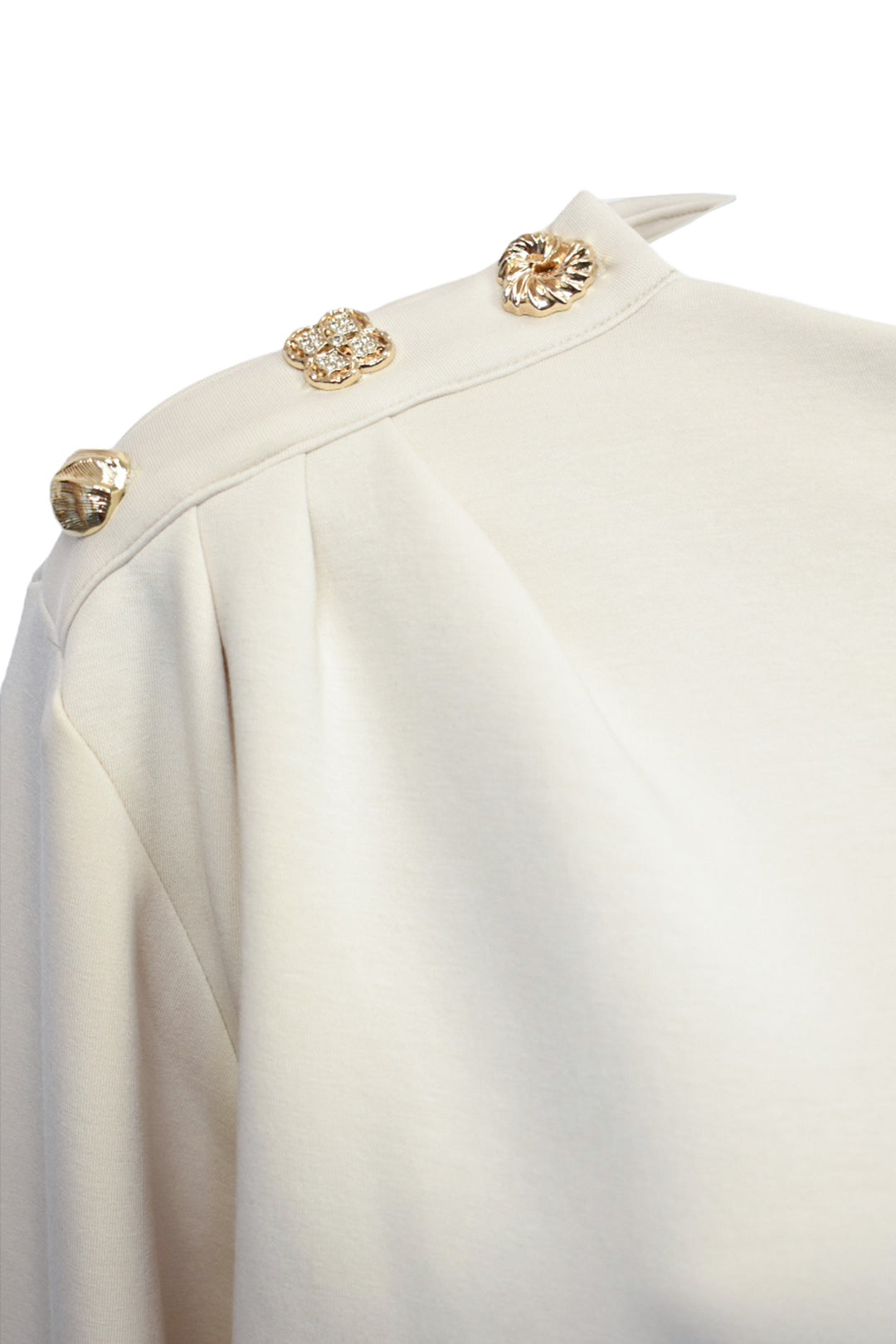 Cream Gold Button Gathered Shoulder Sweatshirt