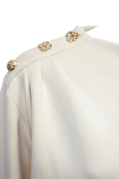 Cream Gold Button Gathered Shoulder Sweatshirt