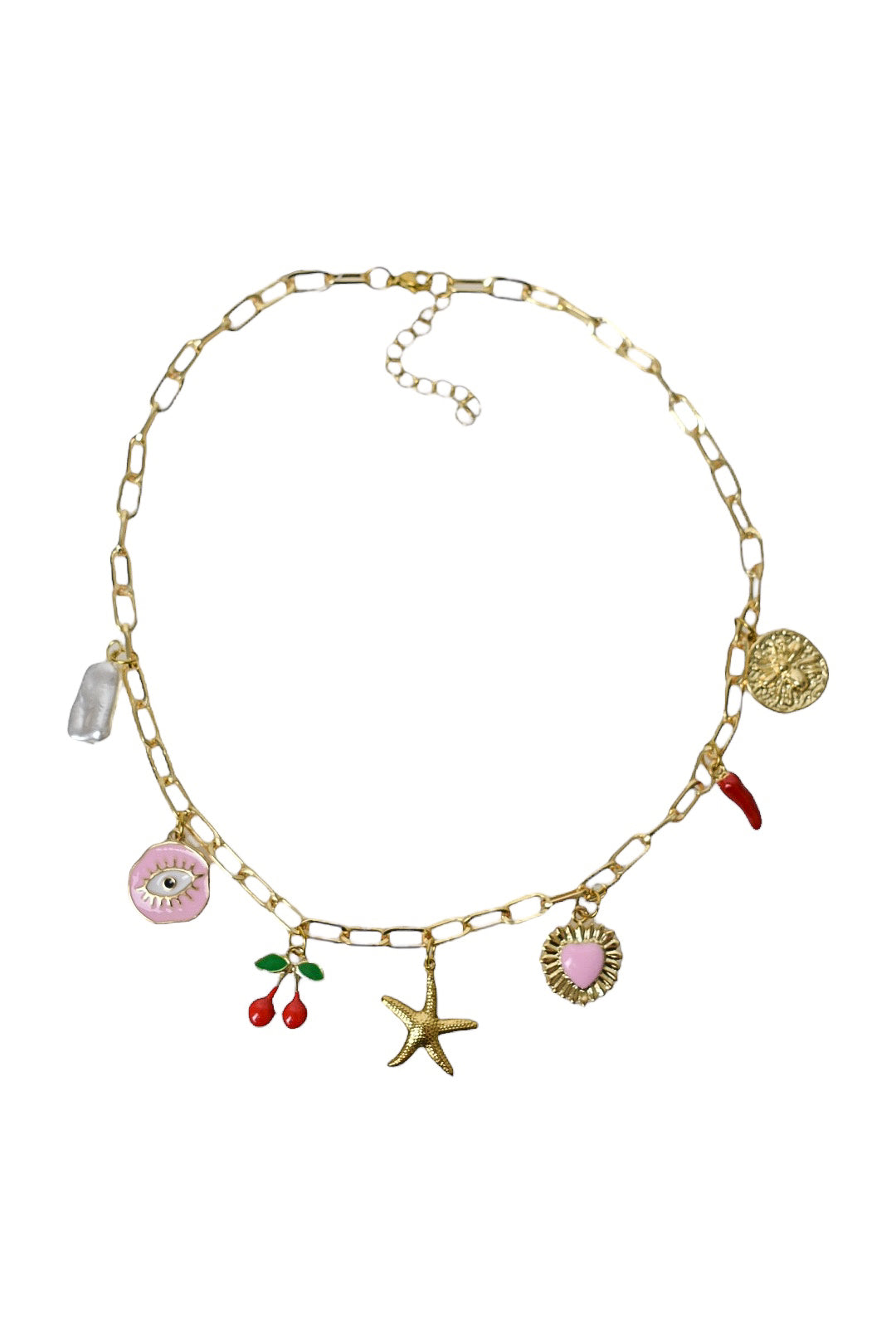 Gold, Pink & Red Charm Necklace