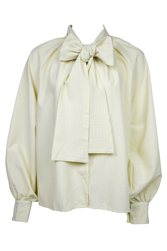 Womens Green Striped Tie Bow Blouse