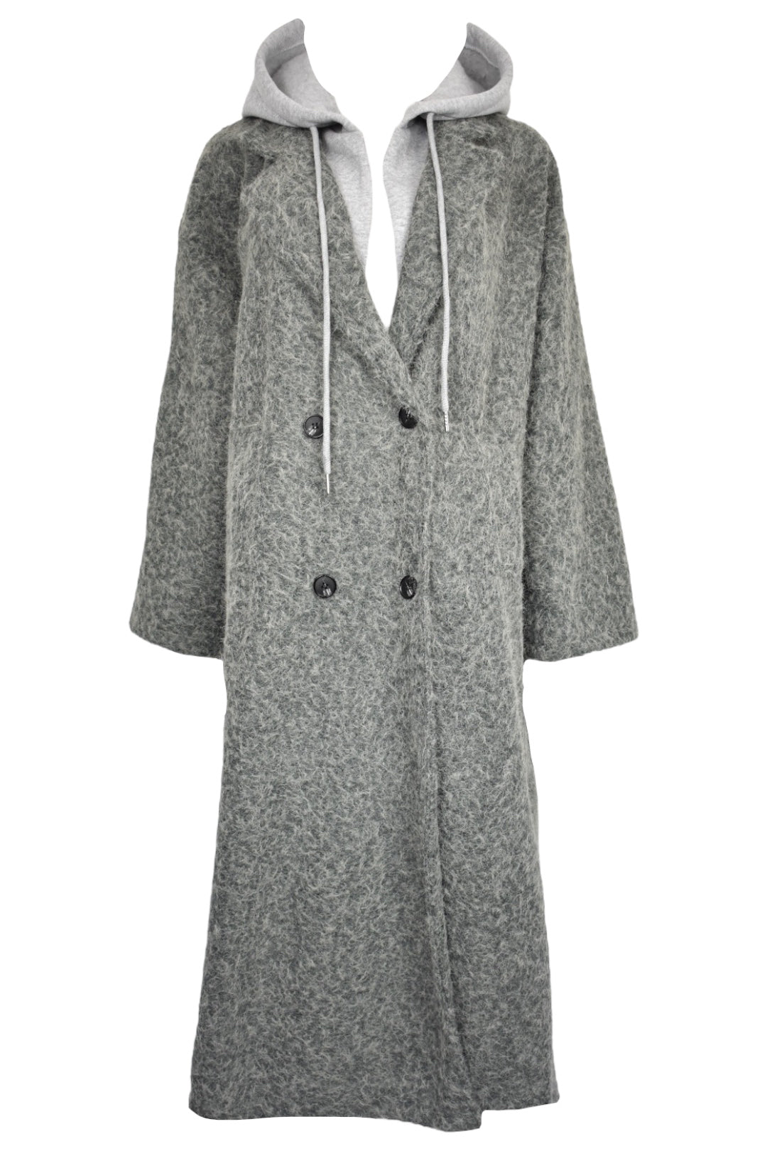 Womens Grey Hooded Woollen Duster Coat