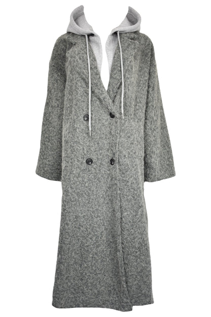 Womens Grey Hooded Woollen Duster Coat