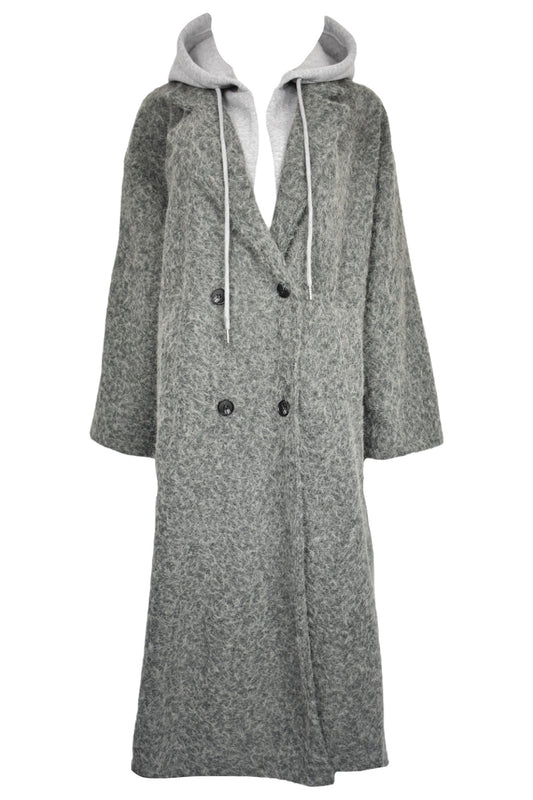 Womens Grey Hooded Woollen Duster Coat