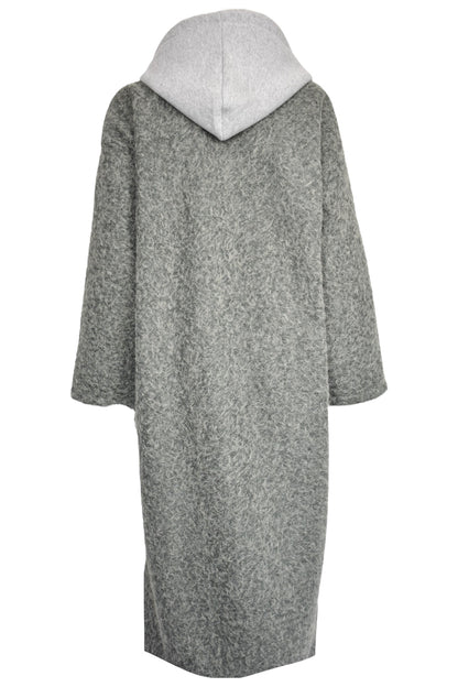 Womens Grey Hooded Woollen Duster Coat