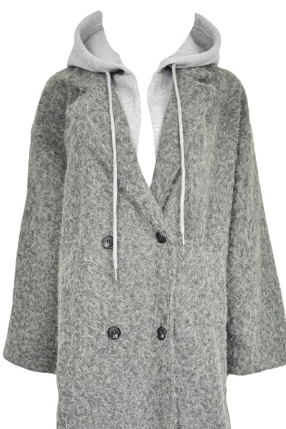 Womens Grey Hooded Woollen Duster Coat