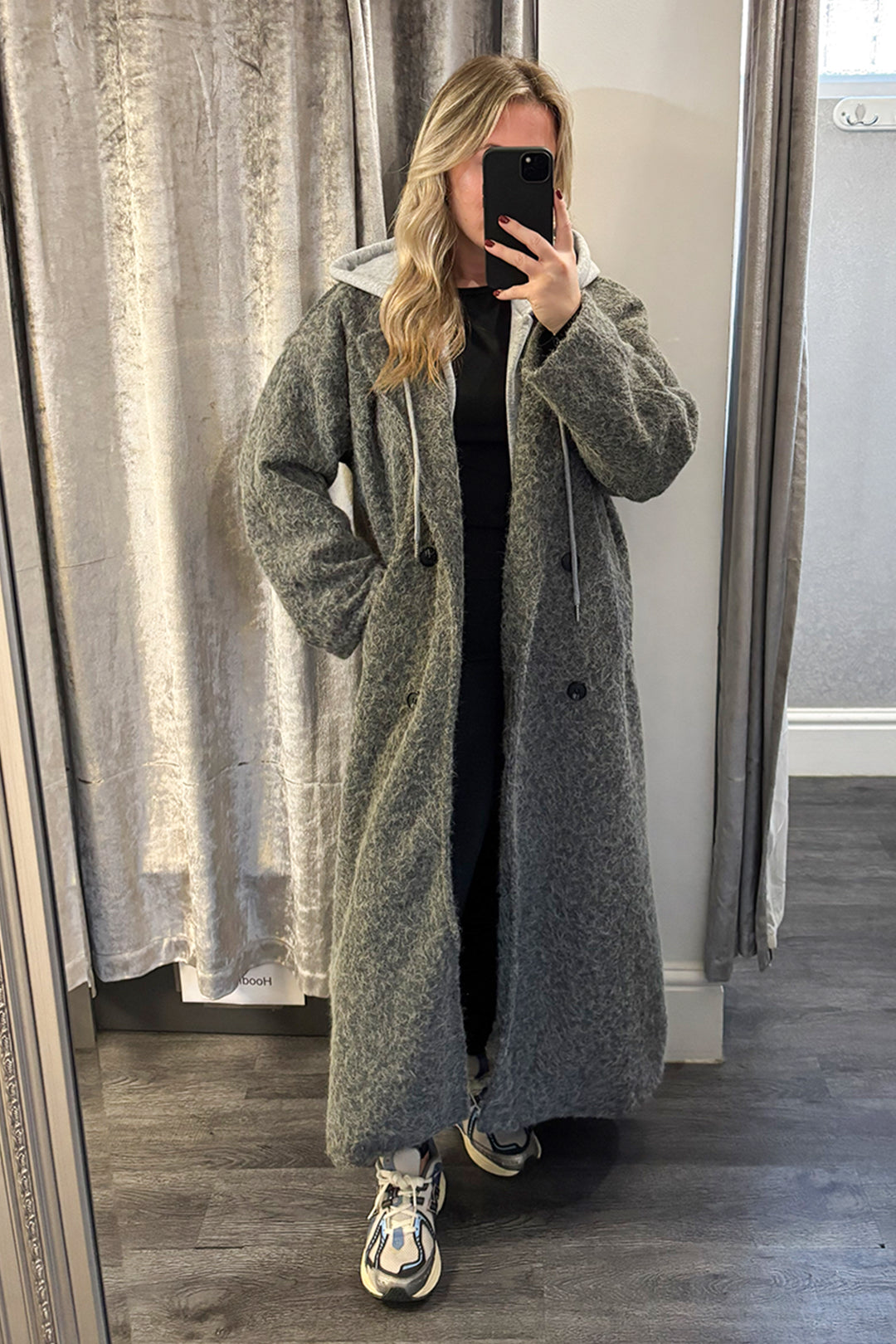 Womens Grey Hooded Woollen Duster Coat