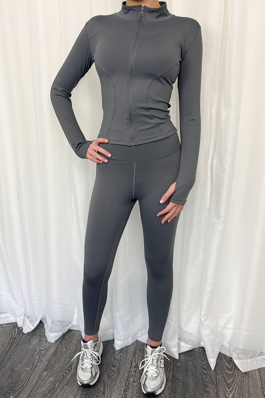 Womens Grey Zip Up Jacket & Leggings Active Set