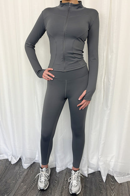 Womens Grey Zip Up Jacket & Leggings Active Set