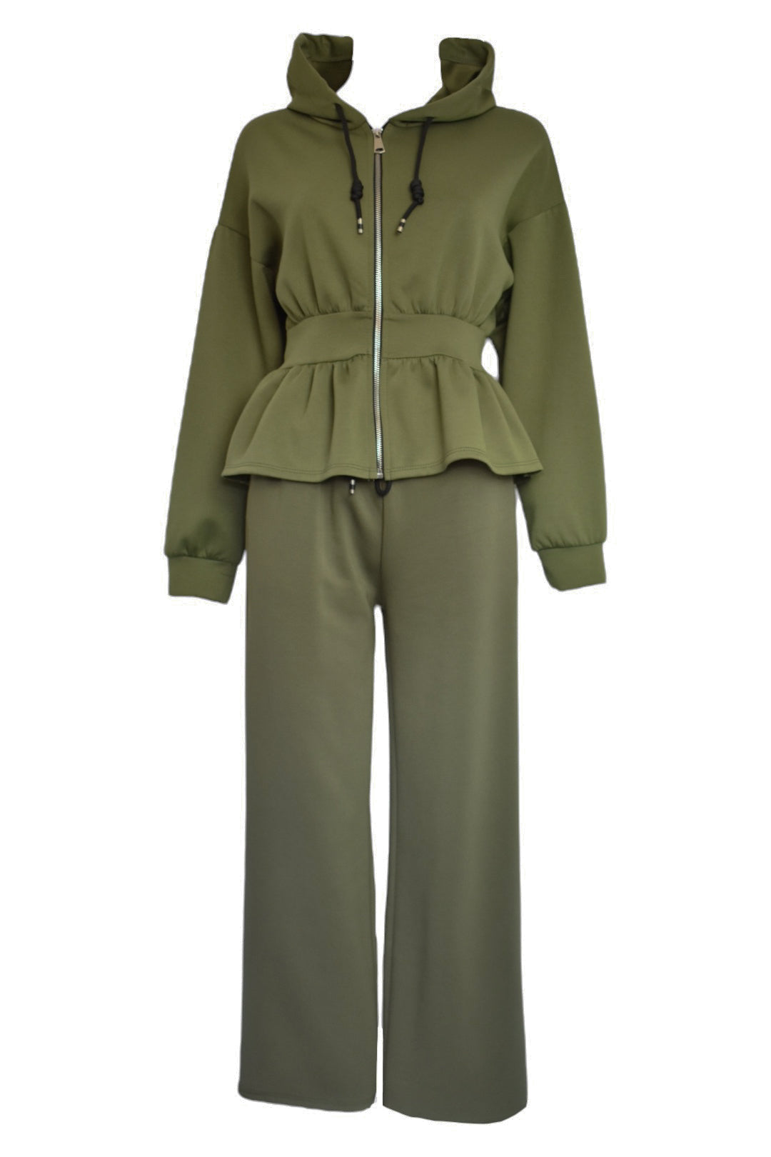 Khaki Peplum Jacket Wide Leg Trousers Loungesuit